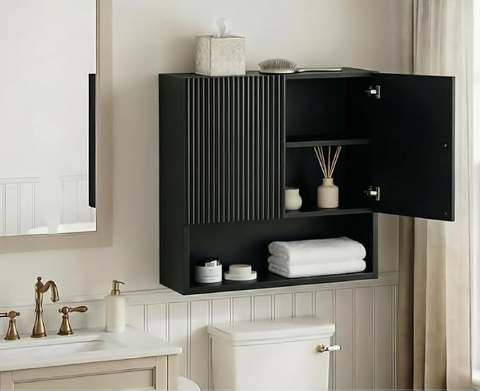 USHOWER Black Bathroom Wall Cabinet, Thickened MDF Medicine Cabinet with 2 Fluted Doors & Open Shelf, Over the Toilet Storage Cabinet for Laundry Room, Living Room, Kitchen, Wall Mounted