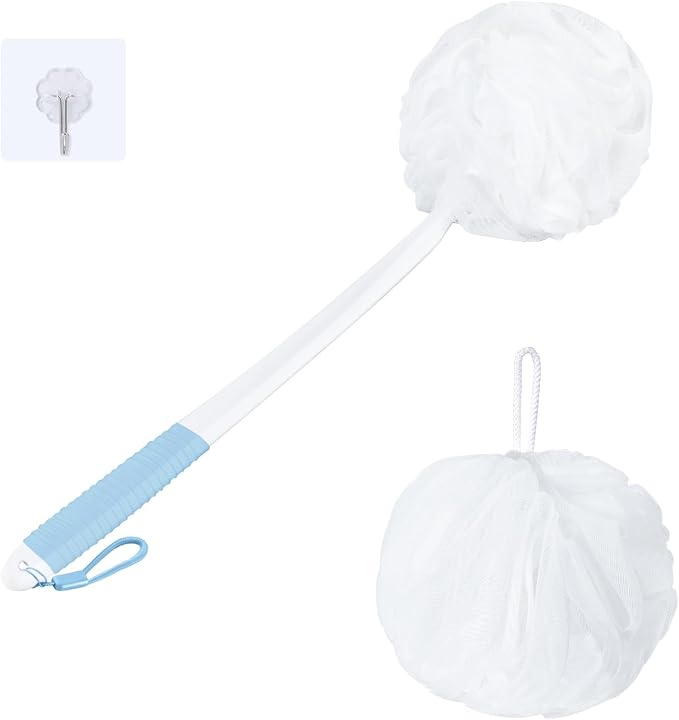 VANZAVANZU Loofah Sponge Set Back Scrubber for Shower, Anti-Slip Plastic 17" Handle Loofah on a Stick with Fluffy Shower Sponge, PE Soft Mesh Shower Loofahs-White with Blue Grip