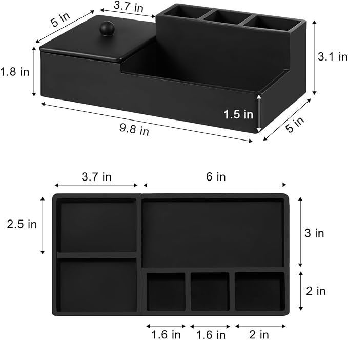 Luxspire Bathroom Counter Organizer, Marble Toothbrush Holder for Bathroom 6 Slot, Bathroom Vanity Organizer with Lid, Bathroom Organizer Countertop for Cotton Ball, Q-Tips, Floss, Matte Black
