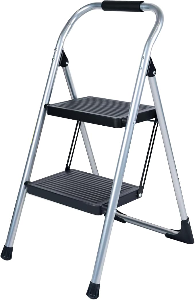 2 Step Ladder for Kitchen Step Stool, Lightweight Folding Step Stool with Curved Safety Handrail, Auto-Lock Mechanism & Non-Slip Wide Pedals, Slim&Foldable for Home Indoor（Sliver）