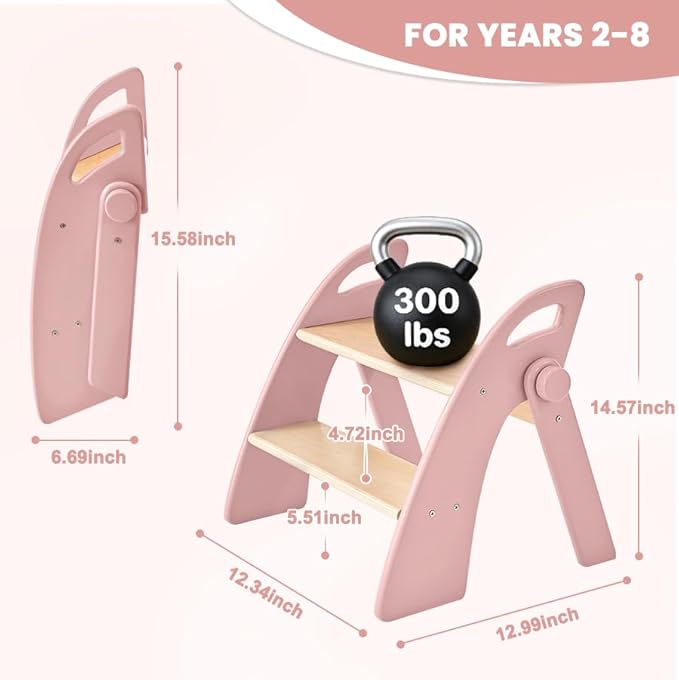 Wooden 2 Step Stool for Toddlers, Foldable 2-Step with Non-Slip Pads and Handles, Bamboo Step Stool for Kids Bathroom Sink and Potty Training, Kitchen Helper, Nursery Bedroom (Pink)