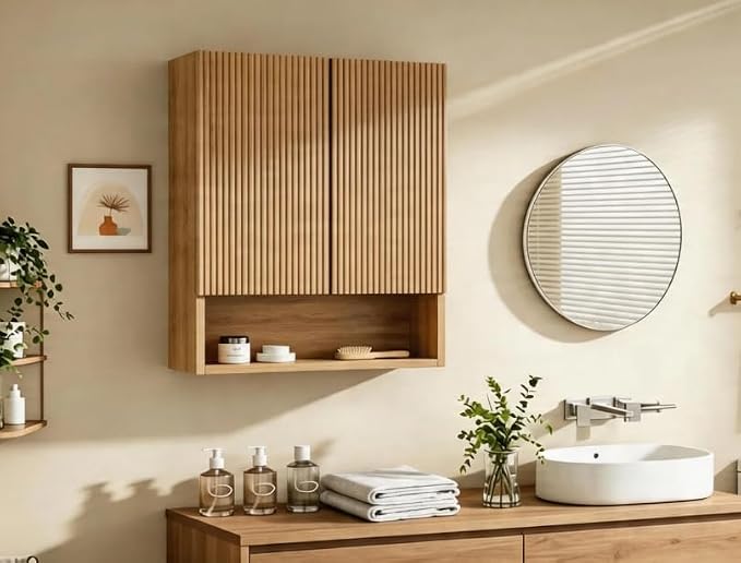 USHOWER Brown Oak Bathroom Wall Cabinet, Thickened MDF Medicine Cabinet with 2 Fluted Doors & Open Shelf, Over the Toilet Storage Cabinet for Laundry Room, Living Room, Kitchen, Wall Mounted