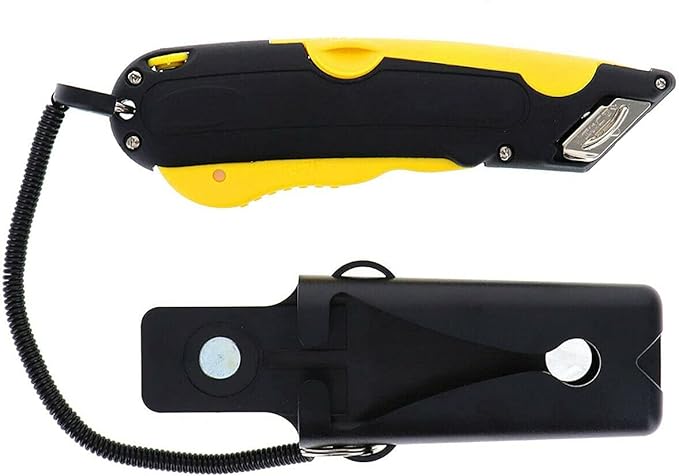 Veltec EZ-1000 Safety Box Cutter Utility Knife, 3 Blade Depth Setting, Squeeze Trigger and Dual Side Edge Guide, 2 Blades, Holster and Lanyard (Yellow)