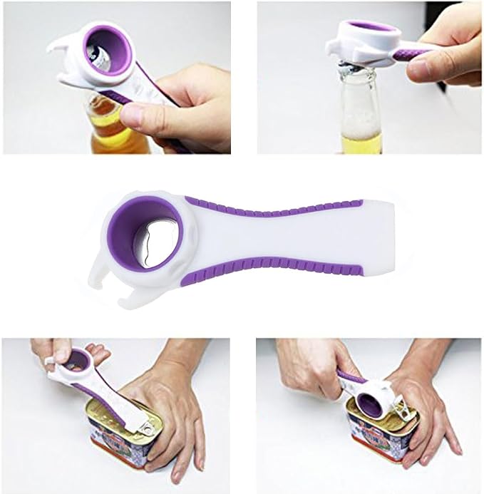 2 pcs 5 in 1 Multi-function Bottle Opener for Easily Opens Bottle Caps,Canning Lids,Can Tabs and Twist Caps (White & Purple)