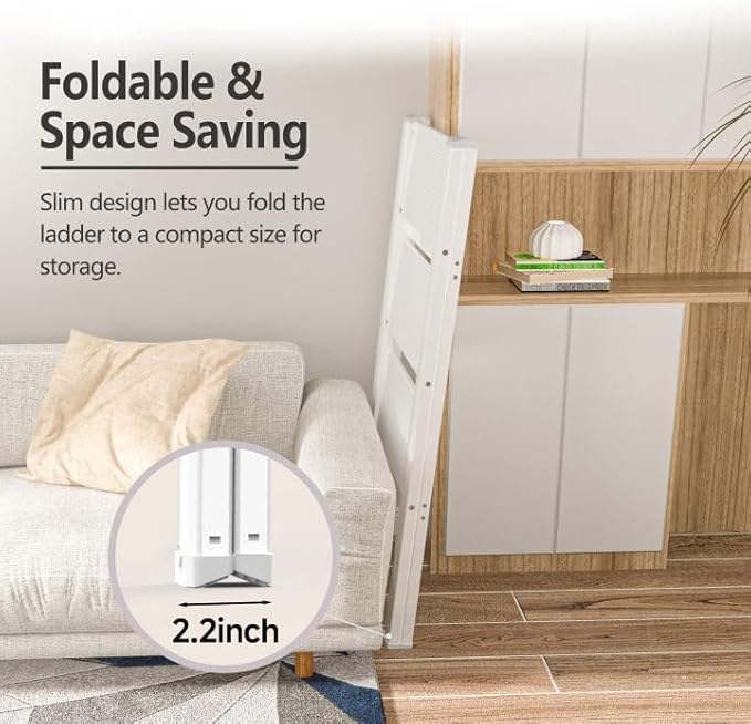 SOLADDER Step Ladder 3 Step Folding, Small Step Stool for Adults, Portable Anti-Slip Iron Stepladder with Wide Pedals for Home and Kitchen Use, Space Saving - White (300 lbs)