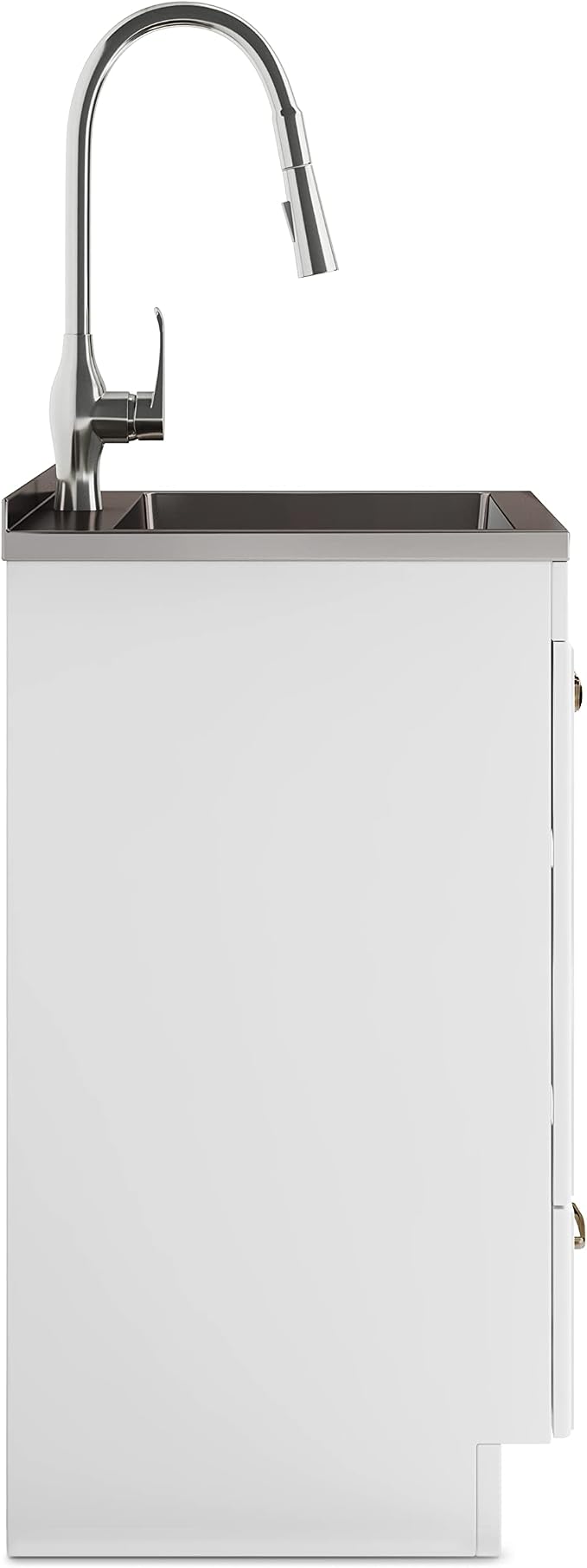 SIMPLIHOME Lawrence All-in-One 28 inch Wide Utility Sink and Laundry Cabinet in Pure White Finish, Transitional Stainless Steel Sink Cabinet for Laundry Rooms with High-Arch Brushed Nickel Faucet