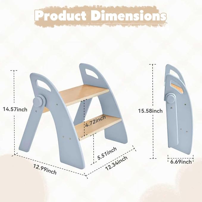 Wooden 2 Step Stool for Kids Bathroom Sink Foldable Anti-Slip 2-Step for Toilet Potty Training, Child Stepping Stool for Kitchen Nursery Bedroom, Sturdy Non Slip Adult Stool for Closet Blue