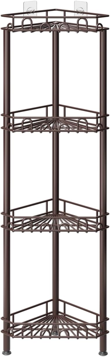 SWTYMIKI Standing Shower Caddy Corner - 4‑Tier Stainless Steel Shower Organizer Shelf with 12 Hooks and Adhesive Pads, Rustproof Corner Shelves Stand Rack for Bathroom Shower Room, Bronze