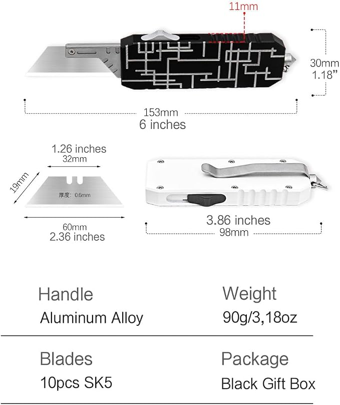 A37 Auto Retractable Box Cutters Utility Knife, Heavy Duty Cardboard Cutter EDC Pocket Knives, 10pcs Replaceable Blade with Pocket Clip, Glass Breaker (Black)
