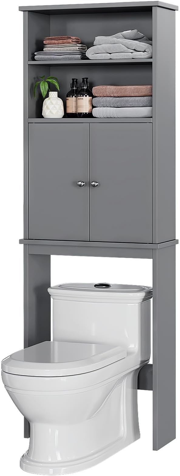 Over the Toilet Storage Cabinet for Bathroom, 75in Over Toilet Cabinet Freestanding Storage Organizer, Space Saver with Doors and Adjustable Shelf, Grey