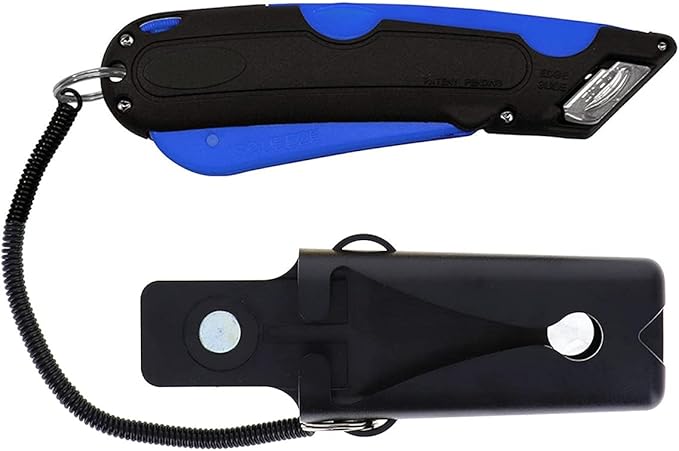 Veltec EZ-1000 Safety Box Cutter Utility Knife, 3 Blade Depth Setting, Squeeze Trigger and Dual Side Edge Guide, 2 Blades, Holster and Lanyard (Blue)