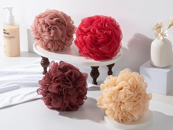 MTDLYICE Loofah Sponge XXL-100g 4 Pack, Bath Sponge Soft Mesh Shower Puff Loofah for Men, Exfoliating Body Scrubber for Women, Shower Accessories (Cherry Red)