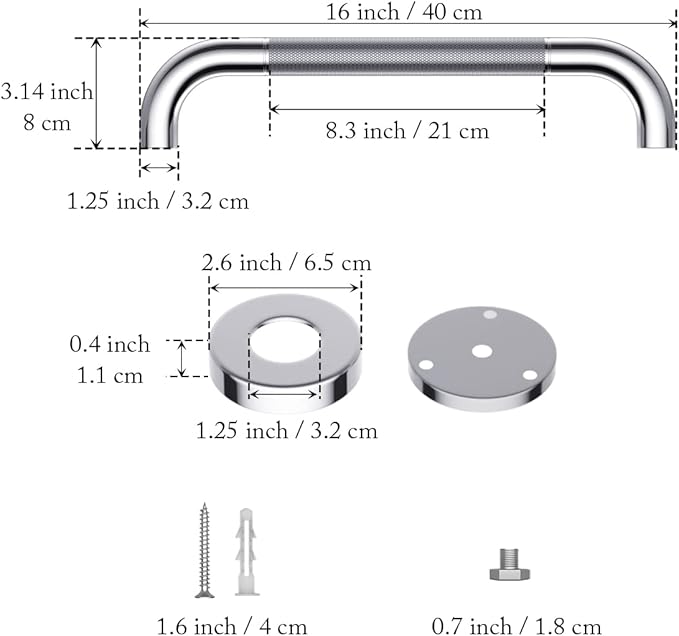 2 Pack 16 Inch Anti Slip Shower Grab Bar 1.25" Diameter,Munzong Stainless Steel Bathroom Grab Bar,Knurled Bathroom Balance Bar,Safety Handrail Support,Handicap Injury Elderly Senior Assist Bath Handle