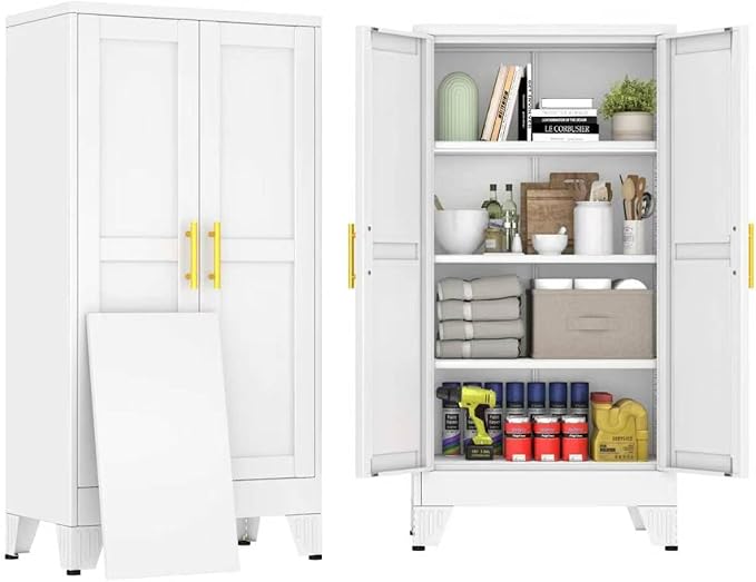 47" White Metal Garage Storage Cabinet with 2 Doors and 3 Adjustable Shelves,Kitchen Pantry Cabinet,File Cabinet,Steel Tool Cabinet for Home,Office,Garage,School,Warehouse