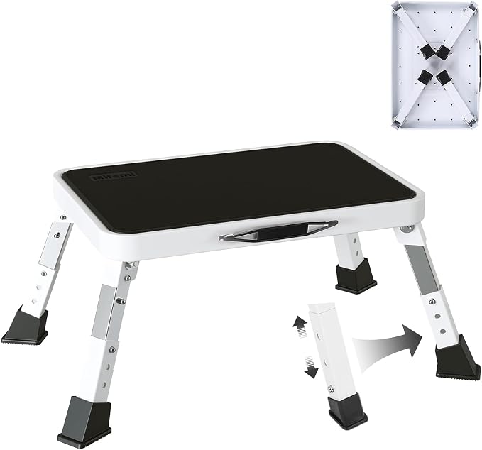 Metal Step Stool Foldable Adjustable Height Sturdy Stable Step Ladder with a Non-Slip Platform Camper Step Stool with Non-Slip Rubber Feet, Easy to Carry (White)