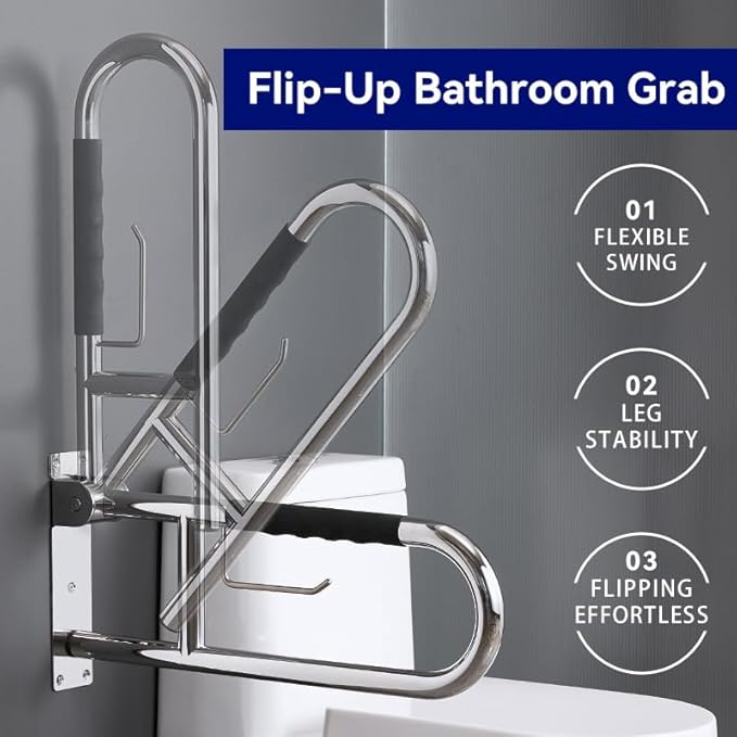 31 Inch Toilet Grab Bar, Flip-UpSafety Rail with Soft Silicone Anti-Slio Finger-Grio Handle andPaper Holder, Stainless Steel u-Shaped Support Bar for ElderlyDisabled, Polished Chrome