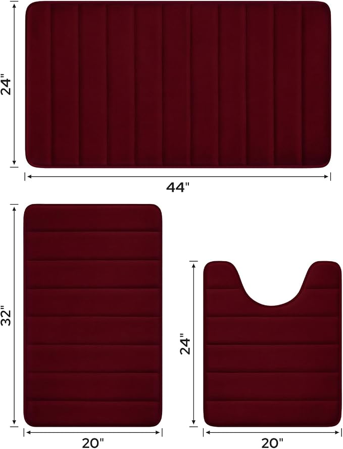 BYSURE Burgundy Memory Foam Bath Mats, Non Slip Extra Soft Absorbent Machine WashableToilet Bathroom Rug Set 3 Piece (20"x32"+24"x44"+U Shape 20"x24")