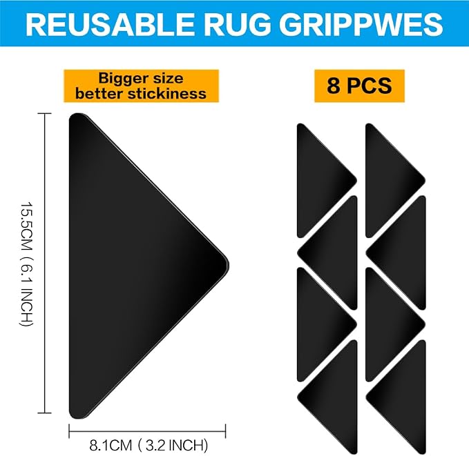 Rug Gripper for Hardwood Floors: No Damage Rug Grip for Area Rugs on Carpet & Hardwood Floors – Strong Hold, Safe for All Flooring (12 PCS)