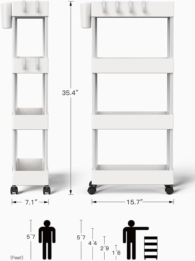 Pipishell Slim Storage Cart with Wheels, 4 Tier Bathroom Storage Organizer Rolling Utility Cart for Bathroom Kitchen Laundry Room Office Narrow Place (White)