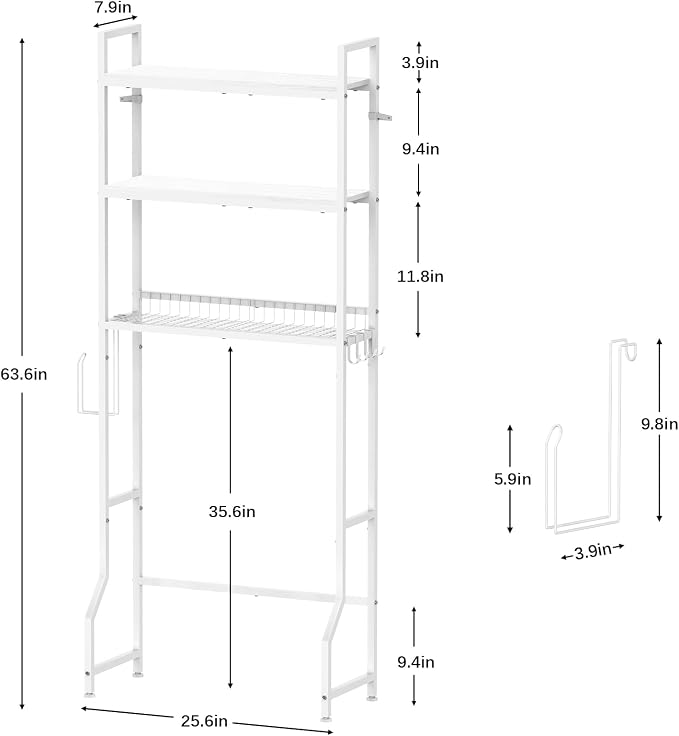 Over the Toilet Organizer White Over the Toilet Shelf with Paper Holder and 3 Hooks 3 Tier Over the Toilet Storage Rack for Restroom, Laundry Bathroom Over the Toilet Cabinet for Small Space