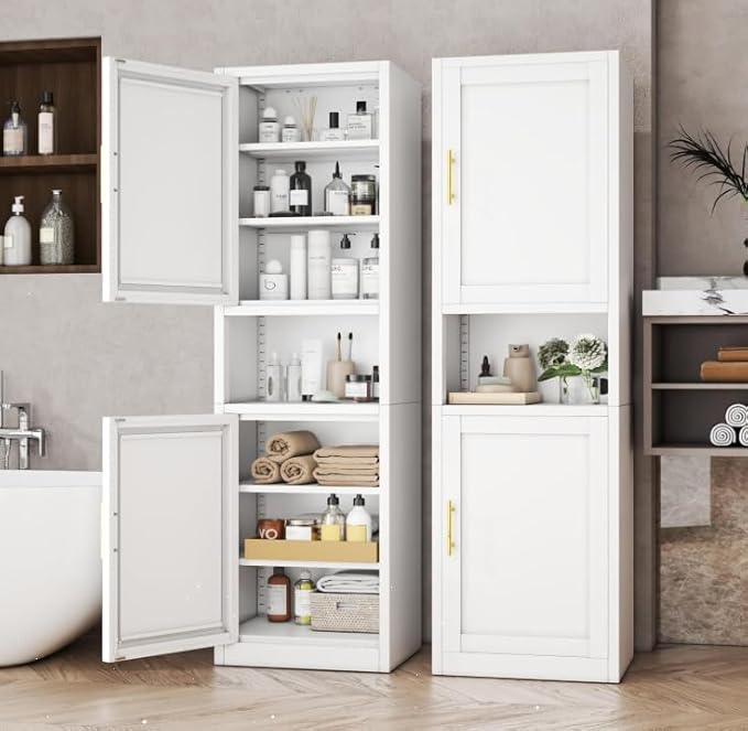 Tall Metal Narrow Bathroom Storage Cabinet 67" H, Tall White Pantry Cabinets with 4 Adjustable Shelves and 2 Doors for Kitchen, Home Office, Living Room, Dining Room(20 inches Wide)