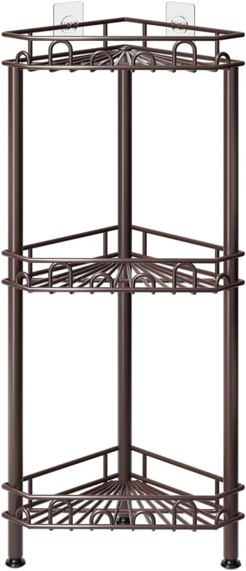SWTYMIKI Standing Shower Caddy Corner - 3‑Tier Stainless Steel Shower Organizer Shelf with 12 Hooks and Adhesive Pads, Rustproof Corner Shelves Stand Rack for Bathroom Shower Room, Bronze