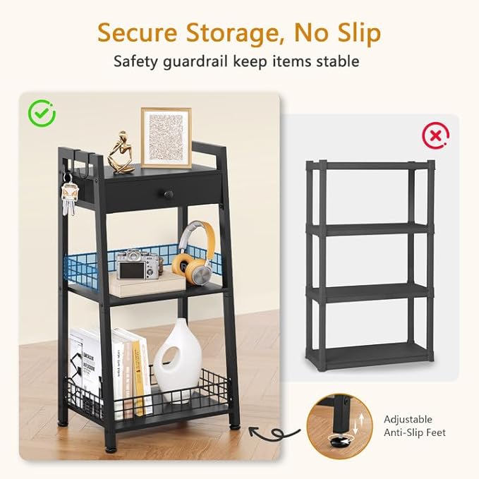 Gewudraw 3-Tier Ladder Shelf with Drawer, Bathroom Table Stand for Small Space, Standing Bathroom Shelves with Storage for Living Room Kitchen Bedroom, Organizer Shelf, Black