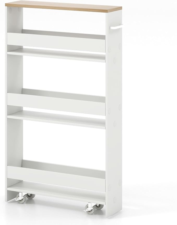 Giantex 4 Tier Rolling Slim Storage Cart, 5" Narrow Slide Out Kitchen Cart w/Handle & Open Shelves, Space-Saving Compact Mobile Utility Trolley for Small Space Laundry Room (White & Natural)