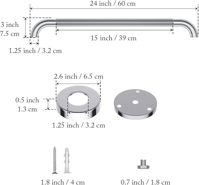 Anti Slip Shower Grab Bar 24 Inch, YuanDe Chrome Stainless Steel Bath Grab Bar, Knurled Bathroom Safety Rail, Shower Handrail Support, Handicap Elderly Injury Balance Assist Handles
