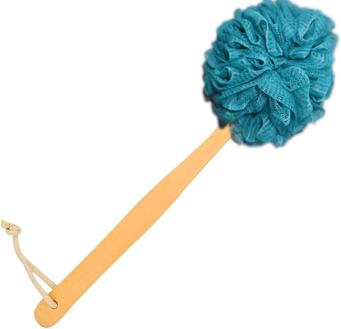Teal Loofah with Handle - Back Scrubber Shower Sponge, Vibrant Exfoliating Luffa with PE Mesh and Wood Handle, Refreshing Bath Experience for Men and Women