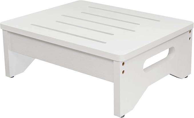Wooden Step Stool for Adults & Kids, Non-Slip Rubber Feet, 6.5 INCH High, Lightweight Small Step, 450 LBS Capacity, Bed Step Stool for High Bed, Bathroom & Kitchen (White)