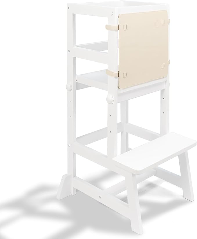 Kitchen Step Stool for Toddlers with Non-Slip Mat, WOOD CITY Wooden Kids Montessori Learning Stool Tower, Toddler Standing Tower Helper for Kitchen Counter and Bathroom Sink(White-Adjustable)