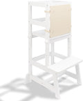Kitchen Step Stool for Toddlers with Non-Slip Mat, WOOD CITY Wooden Kids Montessori Learning Stool Tower, Toddler Standing Tower Helper for Kitchen Counter and Bathroom Sink(White-Adjustable)