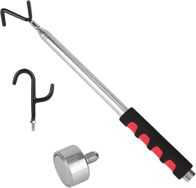 Telescoping Pickup Tool Magnetic Pole with 2 Hooks & Magnet, 300cm/10ft Extendable Push Pull Rod Grabber Wire Reacher Disc Golf Retriever for Hard-to-Reach Areas