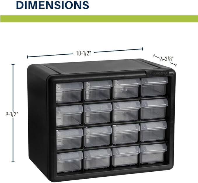 Akro-Mils 16-Drawer Plastic Storage Cabinet | 10-1/2 x 6-1/2 x 8-1/2 Inch | Black | Model 10116 | Garage Organization