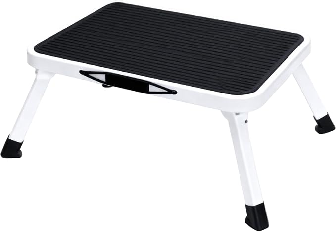 NEWBULIG Foldable Step Stool, 330lbs Capacity Reinforced Sturdy Metal, Non-Slip Platform & Thickened Rubber Feet for Home, Kitchen, RV, Indoor Outdoor, Black & White