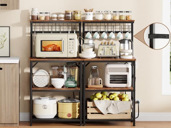 Furologee Kitchen Bakers Rack with Power Outlet, Microwave Oven Stand with Storage 4 Tiers, Coffee Bar Table with 6 S Hooks, Kitchen Storage Shelf Rack for Spices, Pots, Rustic Brown