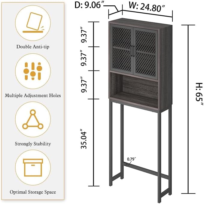 Launica Over the Toilet Storage Cabinet, Over Toilet Bathroom Organizer with Mesh Doors and Shelves, Freestanding Bathroom Storage Cabinet Above Toilet, Wood and Metal, Dark Gray Oak