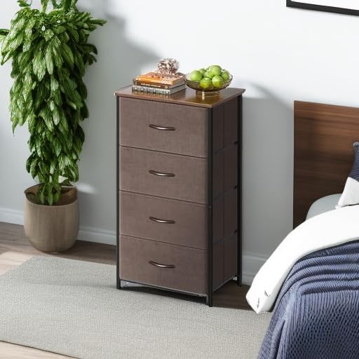 AODK Dresser for Bedroom with 4 Storage Drawers, Small Dressers Chest of Drawers Fabric Dressers with Sturdy Steel Frame, Dresser for Closet with Wood Top, Brown