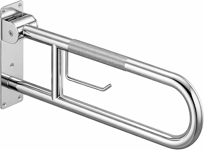 Grab Bar for Toilet,23.6" Flip-Up Toilet Grab Bar with Paper Holder,304 Stainless Steel Bathroom Safety Rail, Anti-Slip Folding Handicap Grab Bar for Seniors, Elderly & Disabled