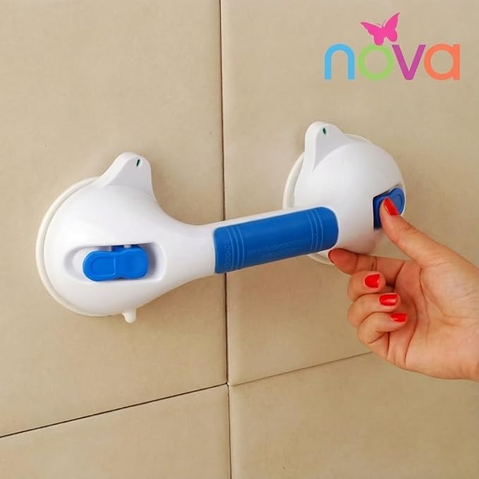 NOVA Suction Cup Grab Bar 12” – Tool-Free Removable Bath & Shower Safety Handle with Secure Lock Indicator, Non-Slip Contoured Grip, Travel-Friendly, 300 lb Capacity