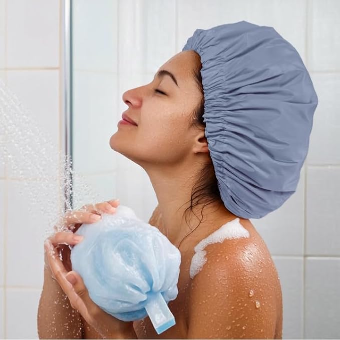 Reusable Shower Cap for Women, Large Waterproof Shower Bonnet with Elastic Band, Washable Bath Hair Cap for Long, Curly Hair, Braids, Daily Shower, Home Spa, Travel(Gray)