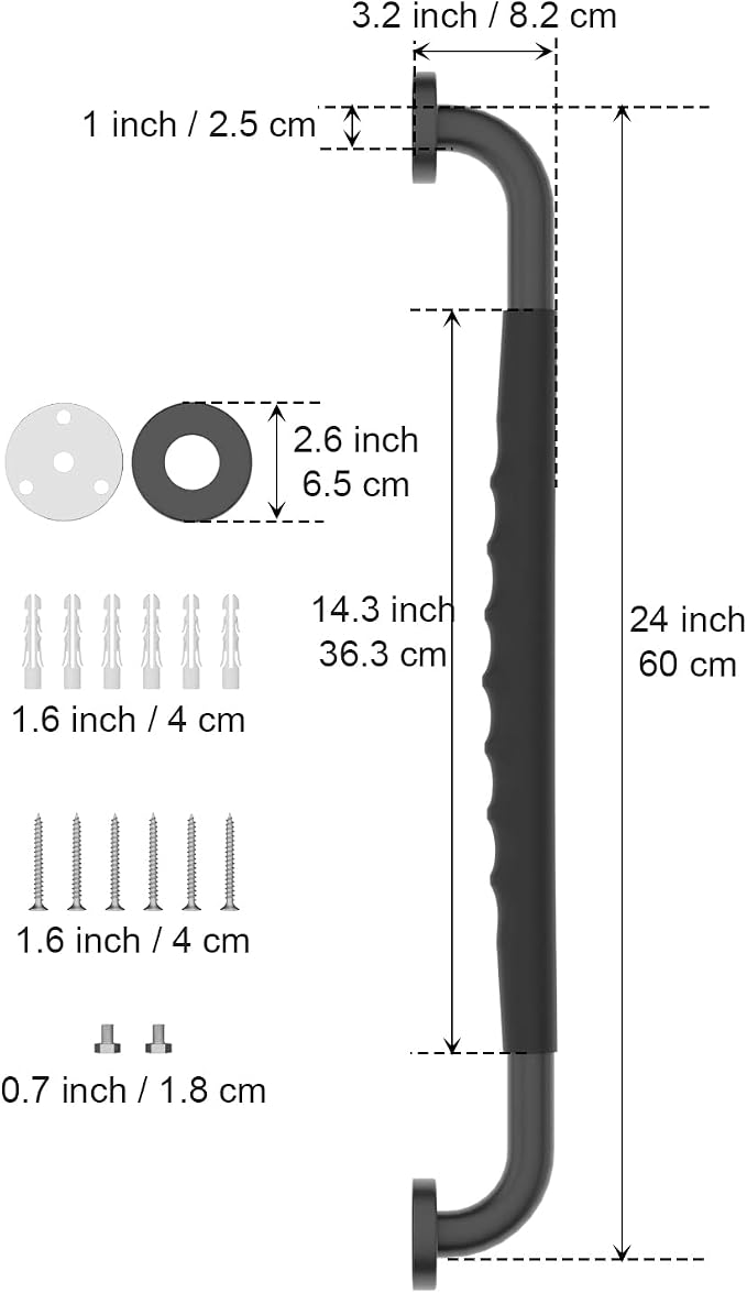 24 Inch Black Shower Grab Bar w/Anti Slip Rubber Grip, Munzong 2 Pack Stainless Steel Bathroom Grab Bar, Bathroom Balance Bar,Safety Handrail Support,Handicap Injury Elderly Senior Assist Bath Handle