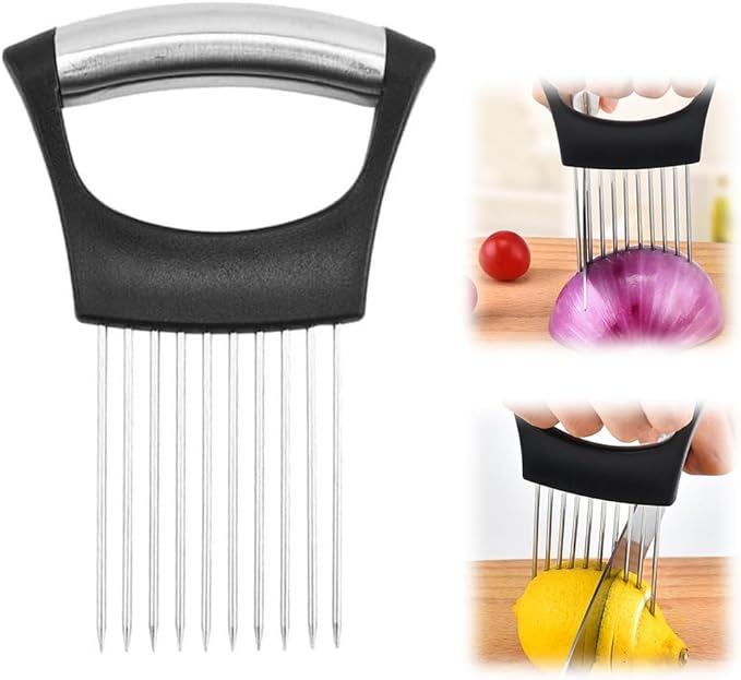 Onion Holder for Slicing, 2025 New Stainless Steel Onion Slice Holder Lemon Slicer Vegetable Cutter, Kitchen Gadgets Chopper Slicing Assistant Tool for Meat, Onion, Tomato, Potato (1 Pcs)