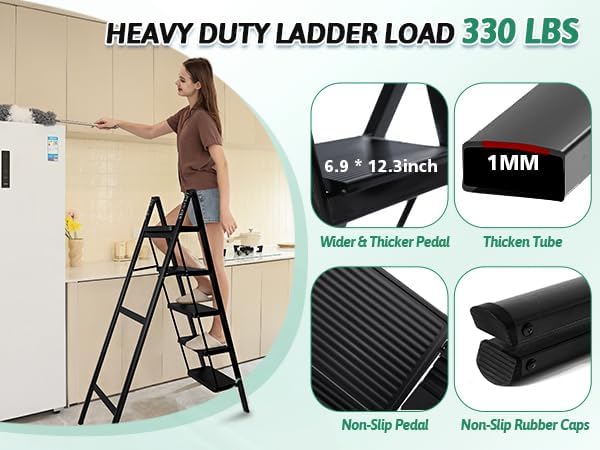 5-Step Folding Ladder for Home Use, Heavy-Duty Step Ladder with Anti-Slip Wide Steps, Portable Foldable Ladder, 330 lbs Load Capacity
