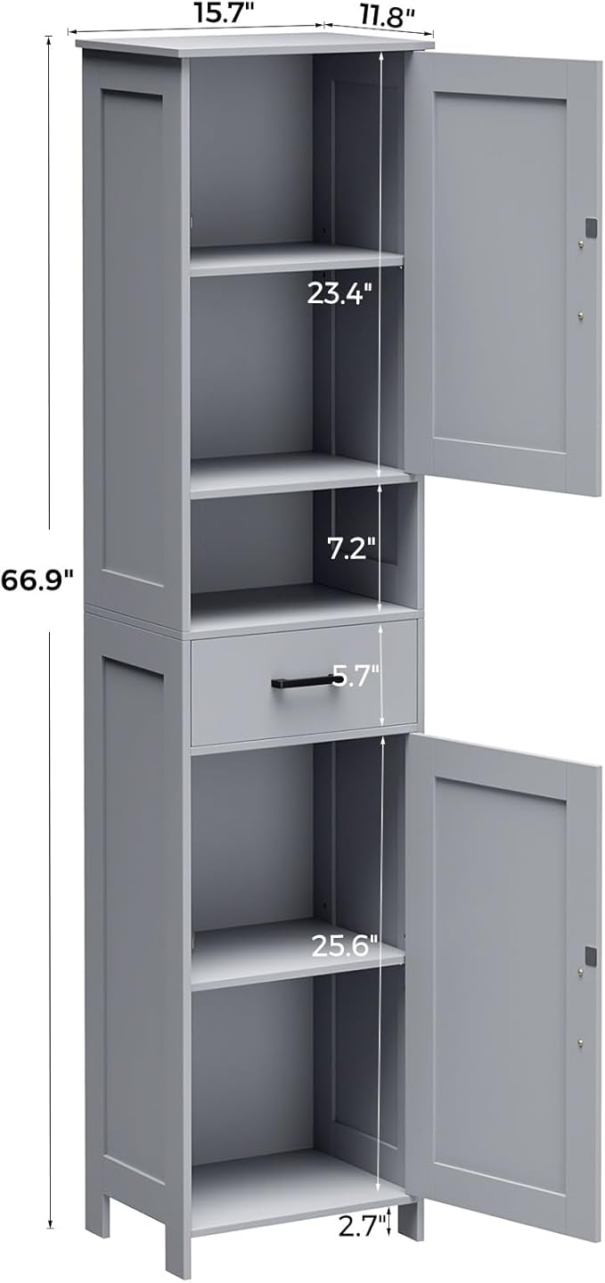 Homhedy 67" H Tall Bathroom Storage Cabinet with 2 Barn Doors and 1 Drawer, Narrow Storage Unit, Adjustable Shelves, Floor Cabinet for Bathroom, Living Room, Entryway, Kitchen, Gray, (15.7" W)