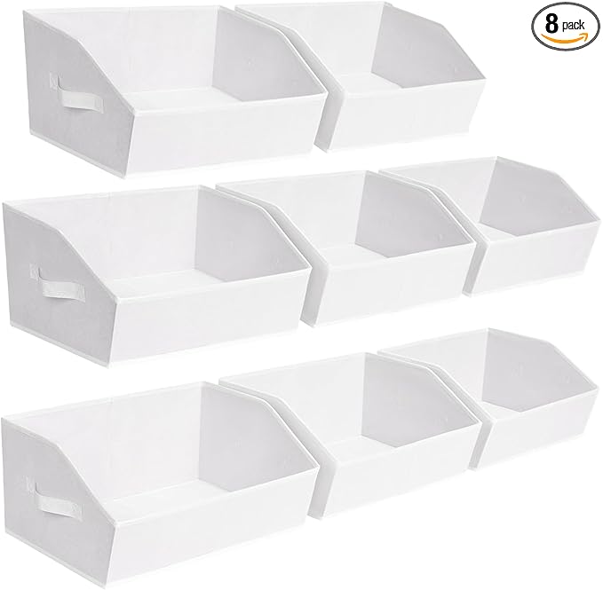 Homsorout Closet Baskets for Shelves - Decorative Storage Baskets with Handle, Trapezoid Closet Bins for Organization, Shelf Storage Bins for Clothes, Books, Home, Office, 8 Pack, White