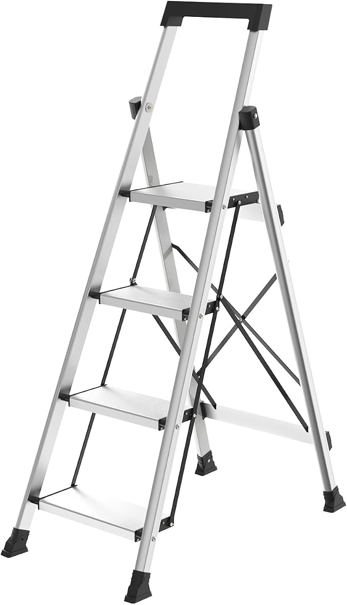 HBtower 4 Step Ladder, Lightweight Aluminum Ladders for Home with Tool Tray, Anti-Slip Folding Step Stool for Adults, Strudy Portable 330LBS Capacity