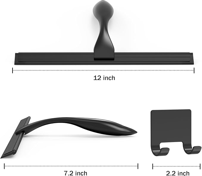 All-Purpose Stainless Steel Shower Squeegee for Shower Glass Door with Adhesive Hook, Bathroom Cleaner Tool Household Window Mirror Squeegee for Glass Doors, Cleaning Tile Wall, Car, 12 inch, Black