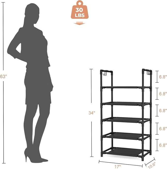 LANTEFUL 5 Tiers Shoe Rack 12-15 Pairs Boots Organizer Storage Sturdy Narrow Shoe Shelf for Entryway, Closets with Hooks, Black